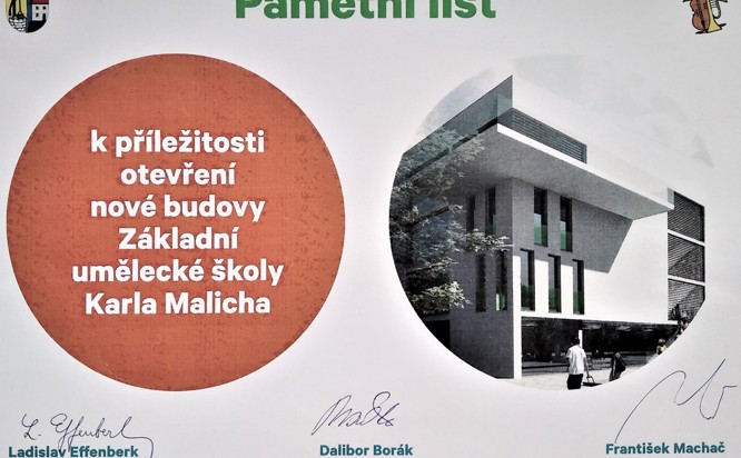 Zobrazit obrázek: Pamětní list k k otevření Základní umělecké školy Karla Malicha